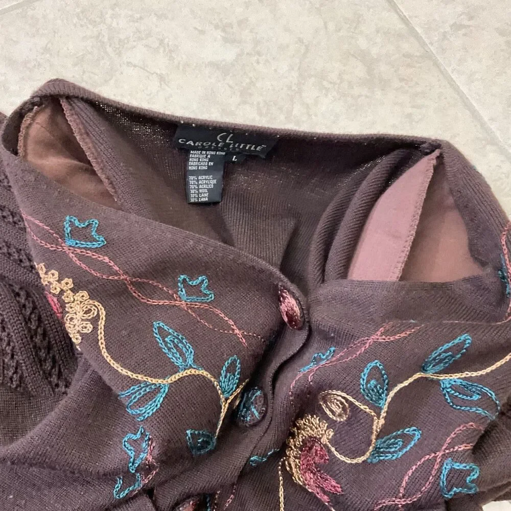 VTG Carole Little Women's size L Wool Blend Cardigan/Jacket Floral Embroidered